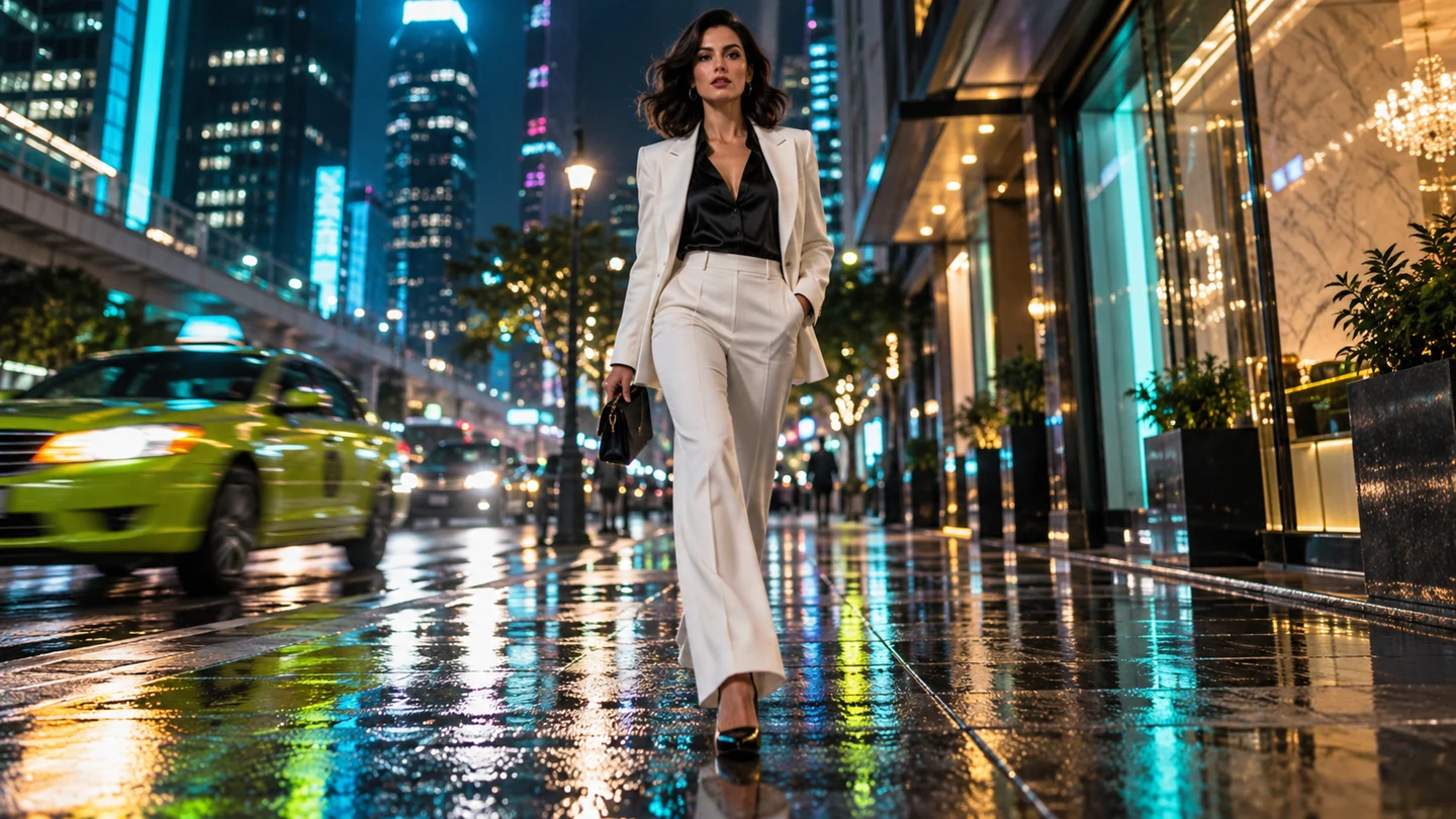 A white-suited character framed on a neon city street